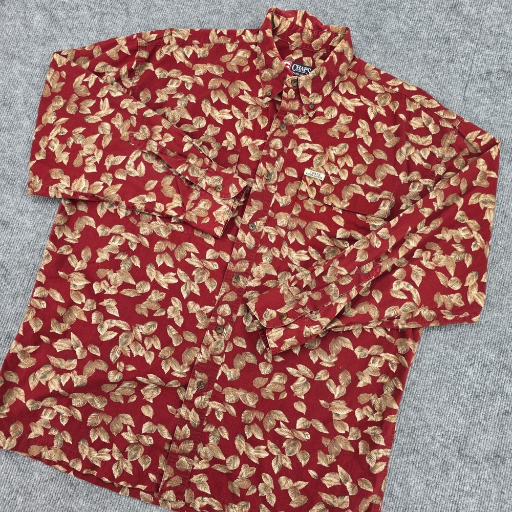 Chaps Ralph Lauren Mens Large Leaf Print Button Down Shirt Burgundy 337018